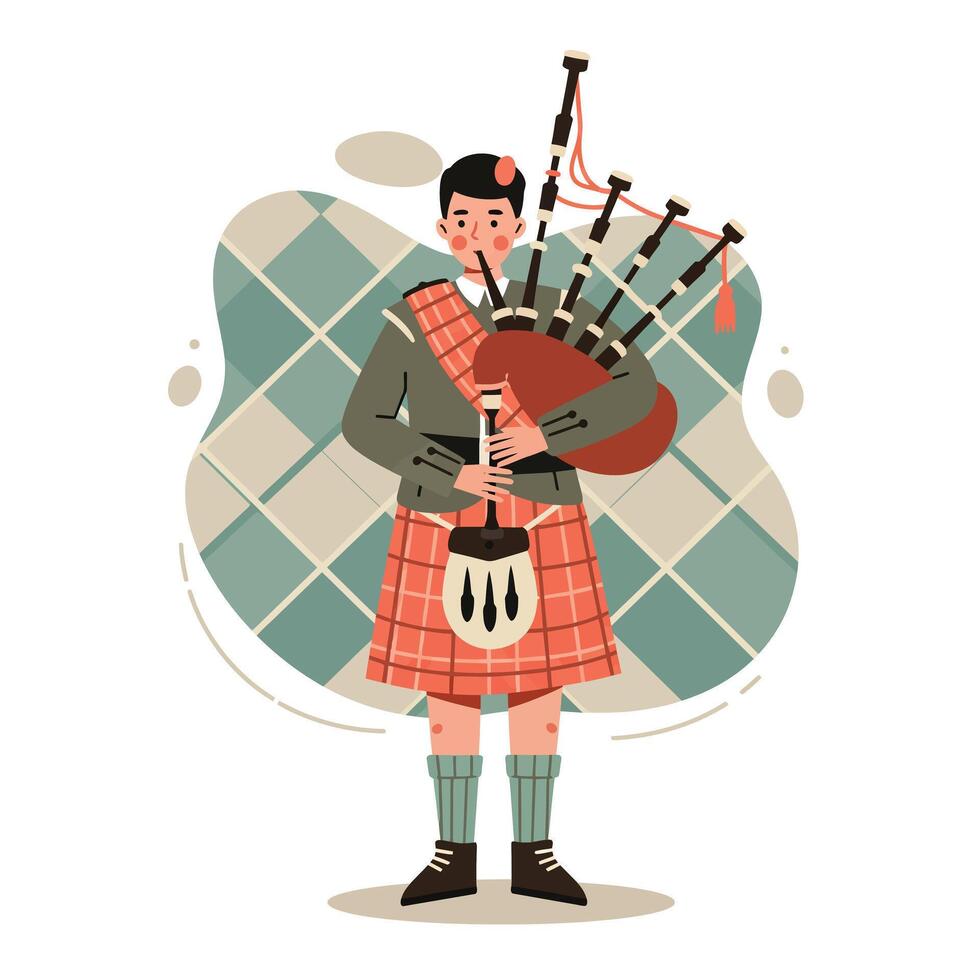 Scottish bagpiper playing traditional bagpipes in tartan kilt with argyle background illustration vector
