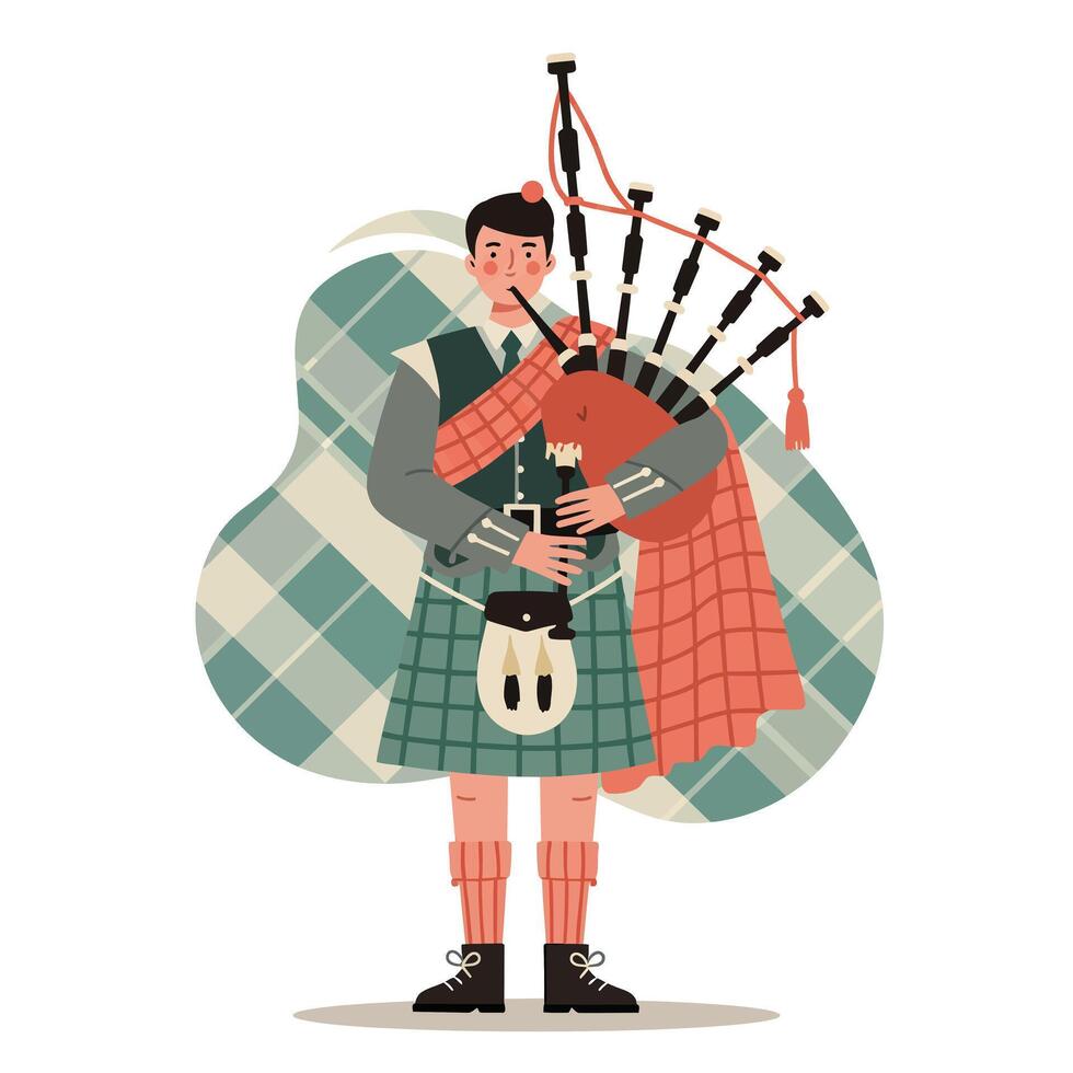 Scottish man playing bagpipes in traditional kilt with plaid background illustration vector