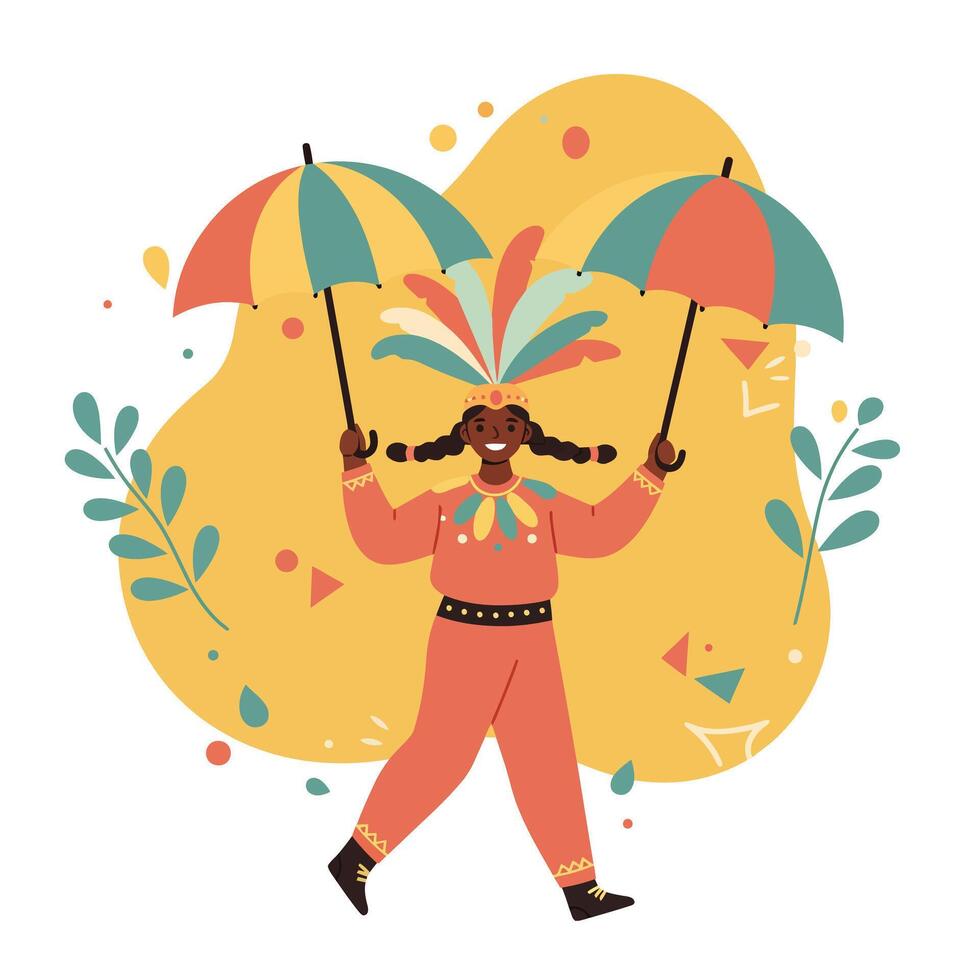 Person in colorful costume holding two umbrellas with festive background and feather headpiece illustration vector