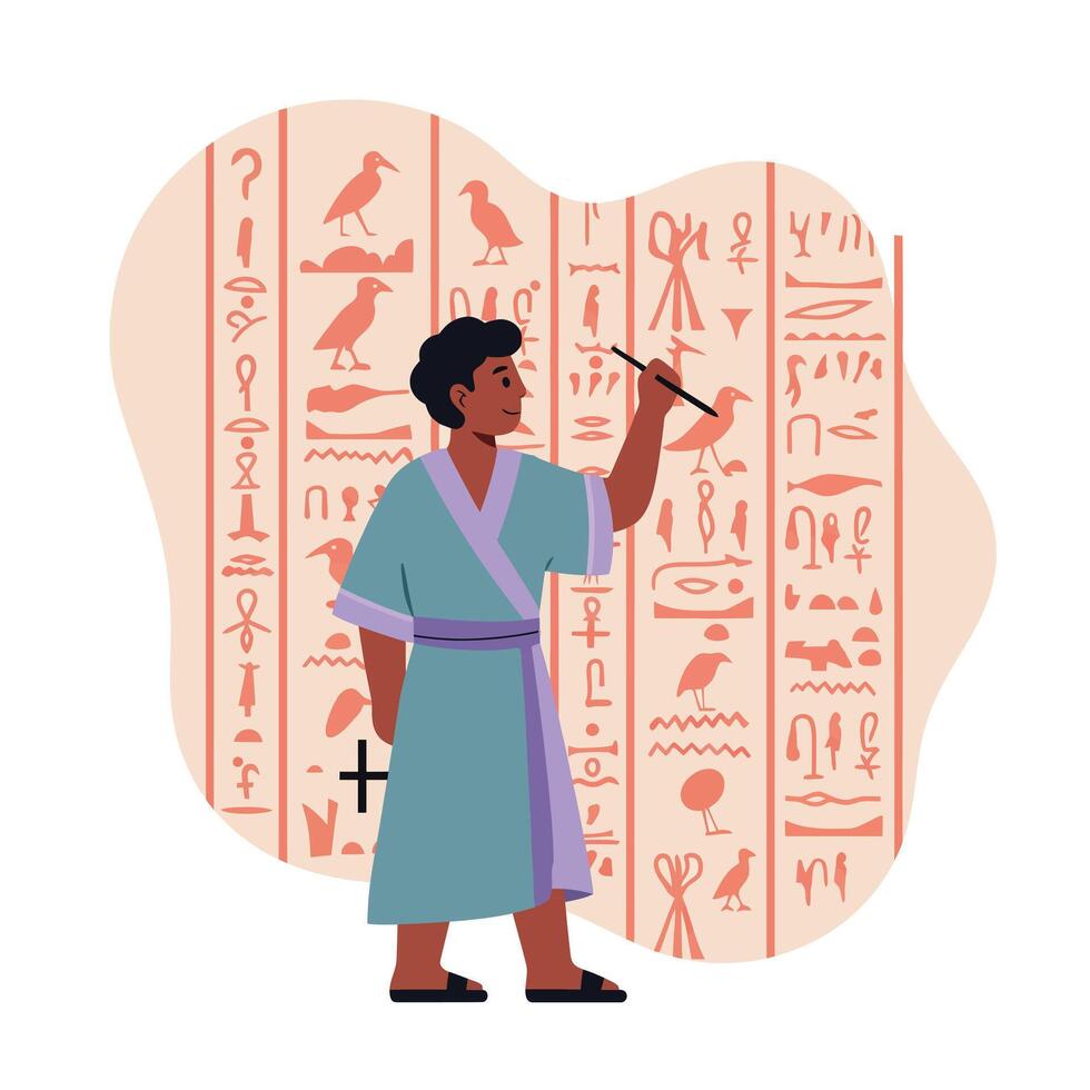 Ancient Egyptian Scribe Writing Hieroglyphs on Wall Illustration with Traditional Clothing vector