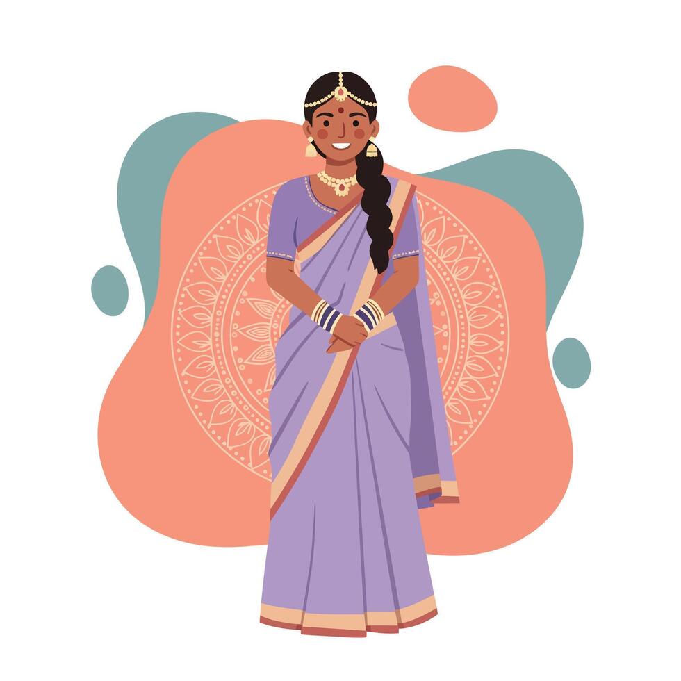 Indian woman wearing traditional purple sari with gold jewelry standing in front of decorative background illustration vector