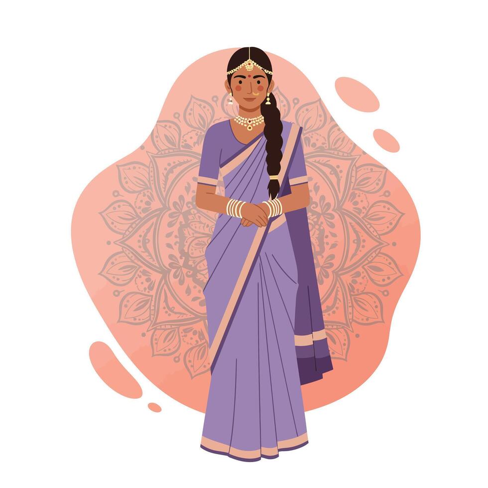 Indian woman wearing traditional purple sari with jewelry and henna in front of floral mandala illustration vector