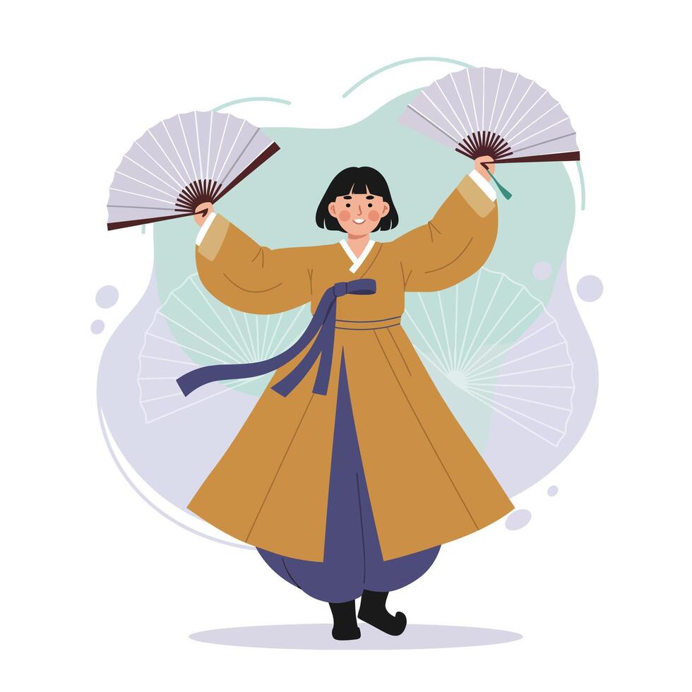 Woman in traditional Korean hanbok dancing with fans illustration in cultural celebration style vector
