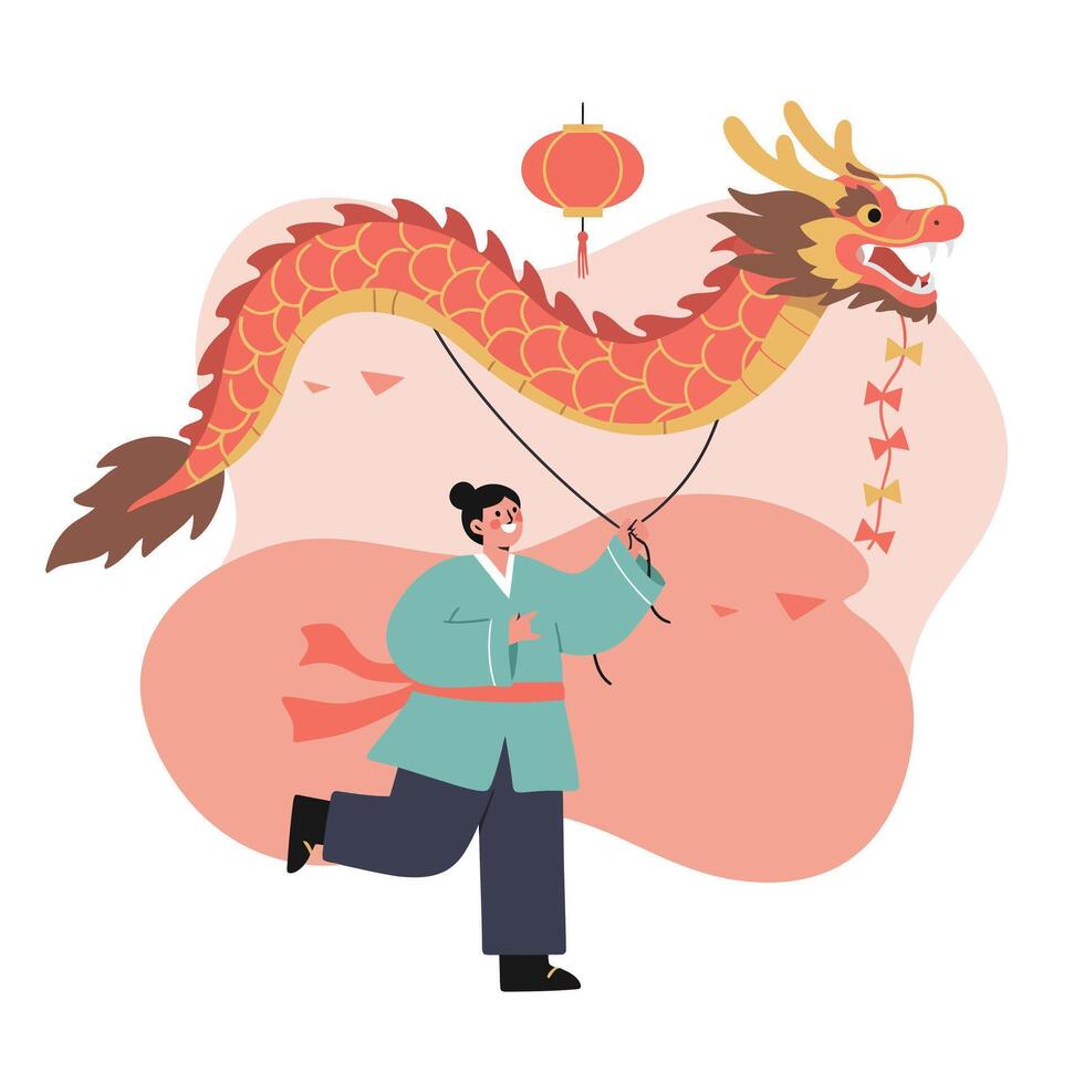 Chinese Dragon Dance Performer with Red and Gold Lanterns Traditional Celebration Illustration vector