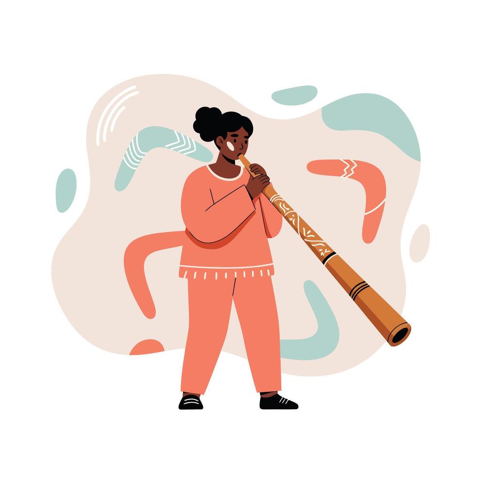 Woman playing didgeridoo musical instrument with abstract background illustration vector