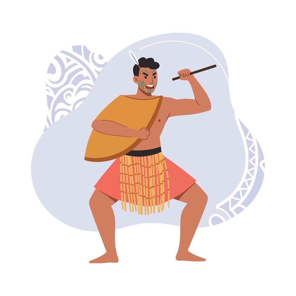 Warrior performing traditional dance with shield and spear in Polynesian cultural attire illustration vector