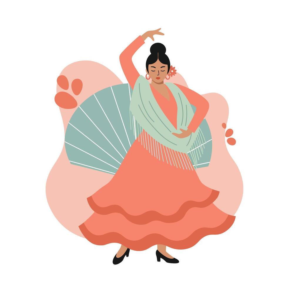 Flamenco dancer in flowing coral dress and green shawl performing traditional Spanish dance illustration vector