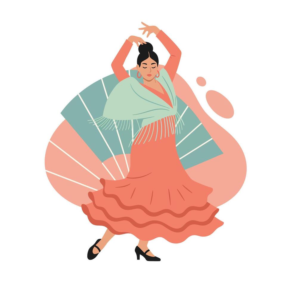 Flamenco dancer performing traditional Spanish dance with colorful fan and vibrant dress illustration vector