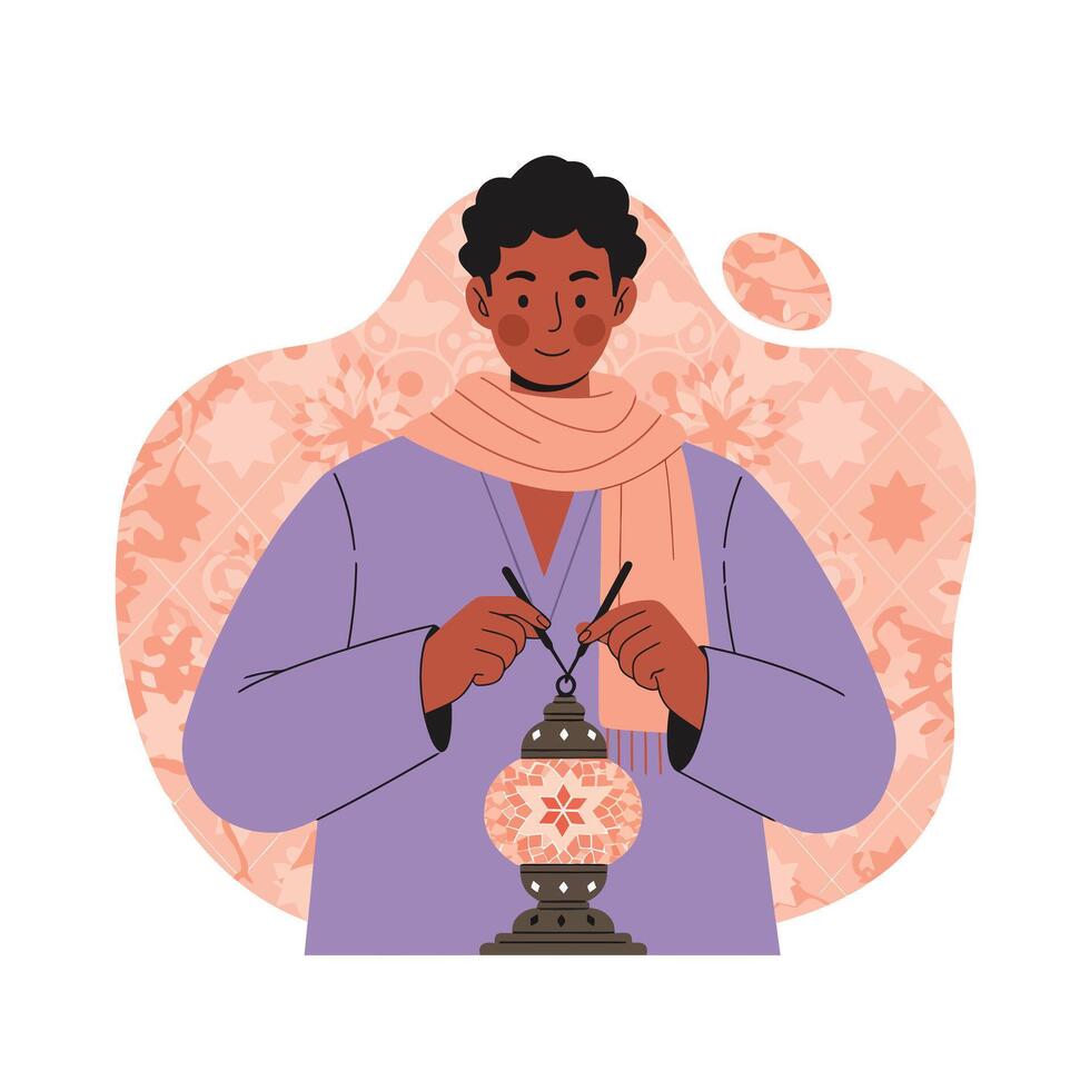 Person holding traditional lantern with patterned background in warm pastel colors illustration vector