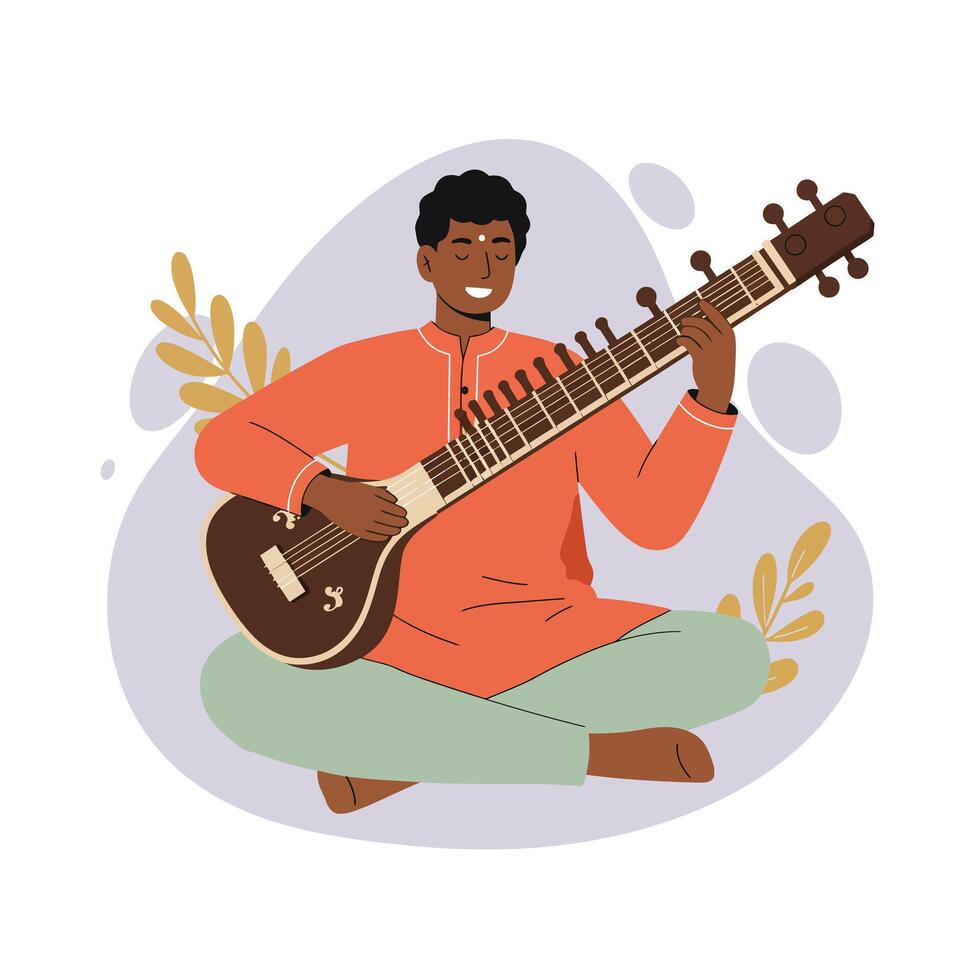 Man playing sitar traditional Indian musical instrument illustration in casual clothes sitting cross-legged vector