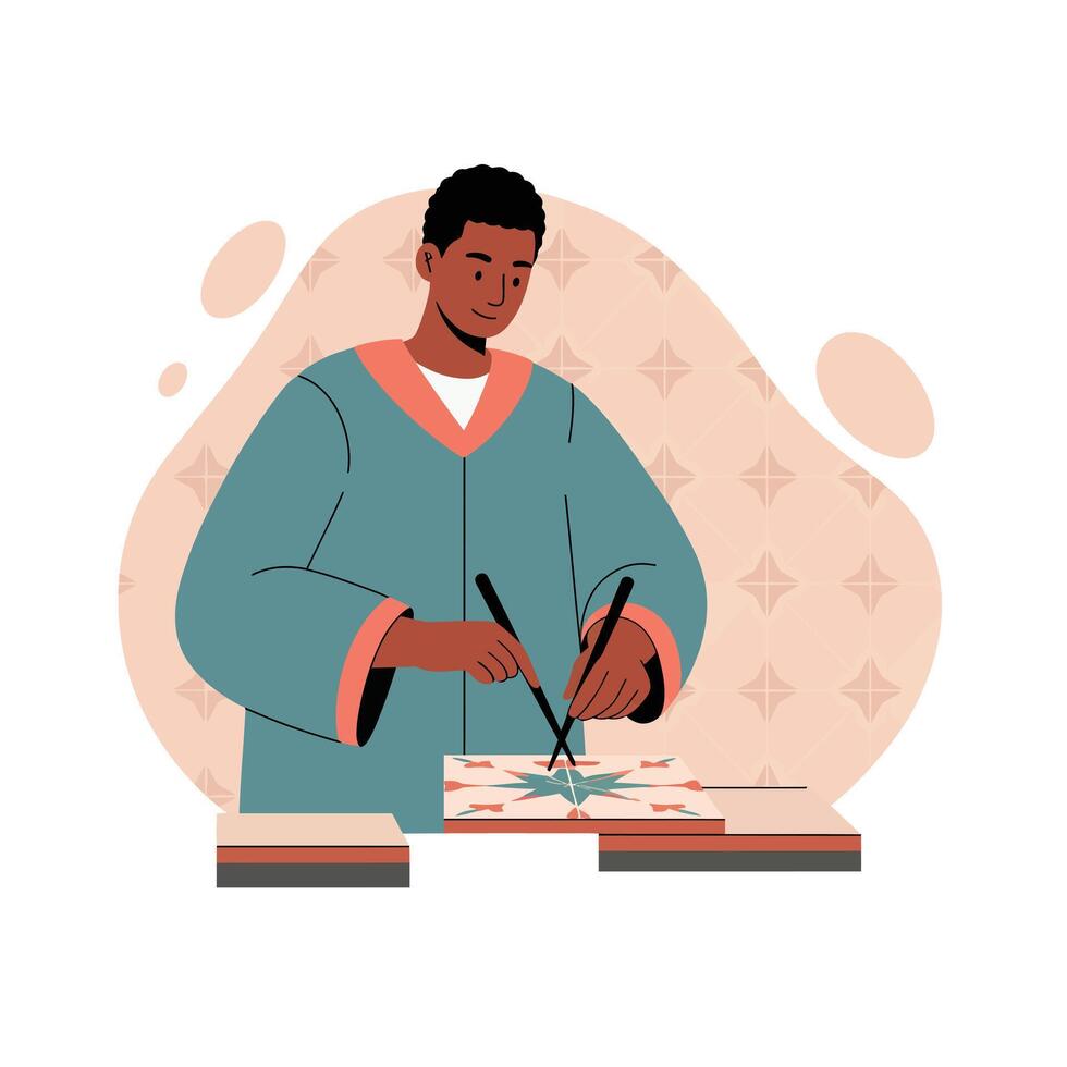 Man practicing calligraphy with brush pens on paper in calm artistic setting illustration vector