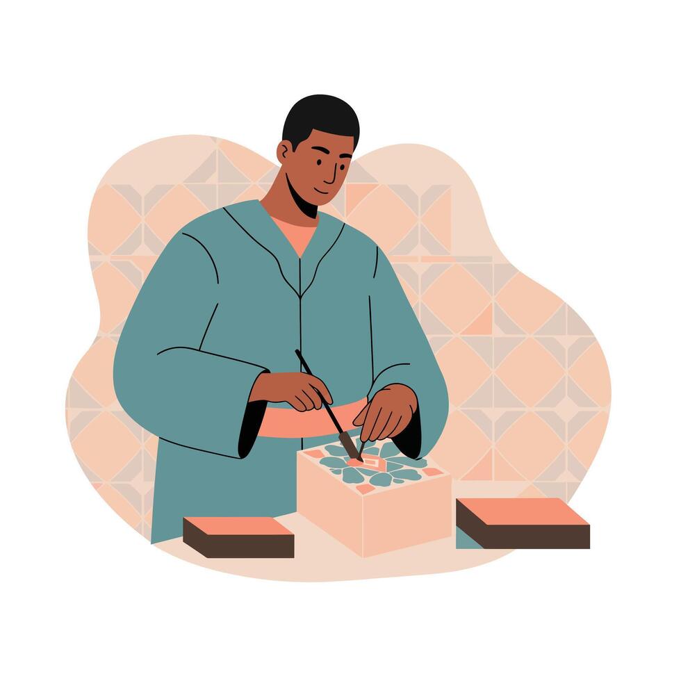 Man carving stone block with chisel and hammer in workshop illustration art vector