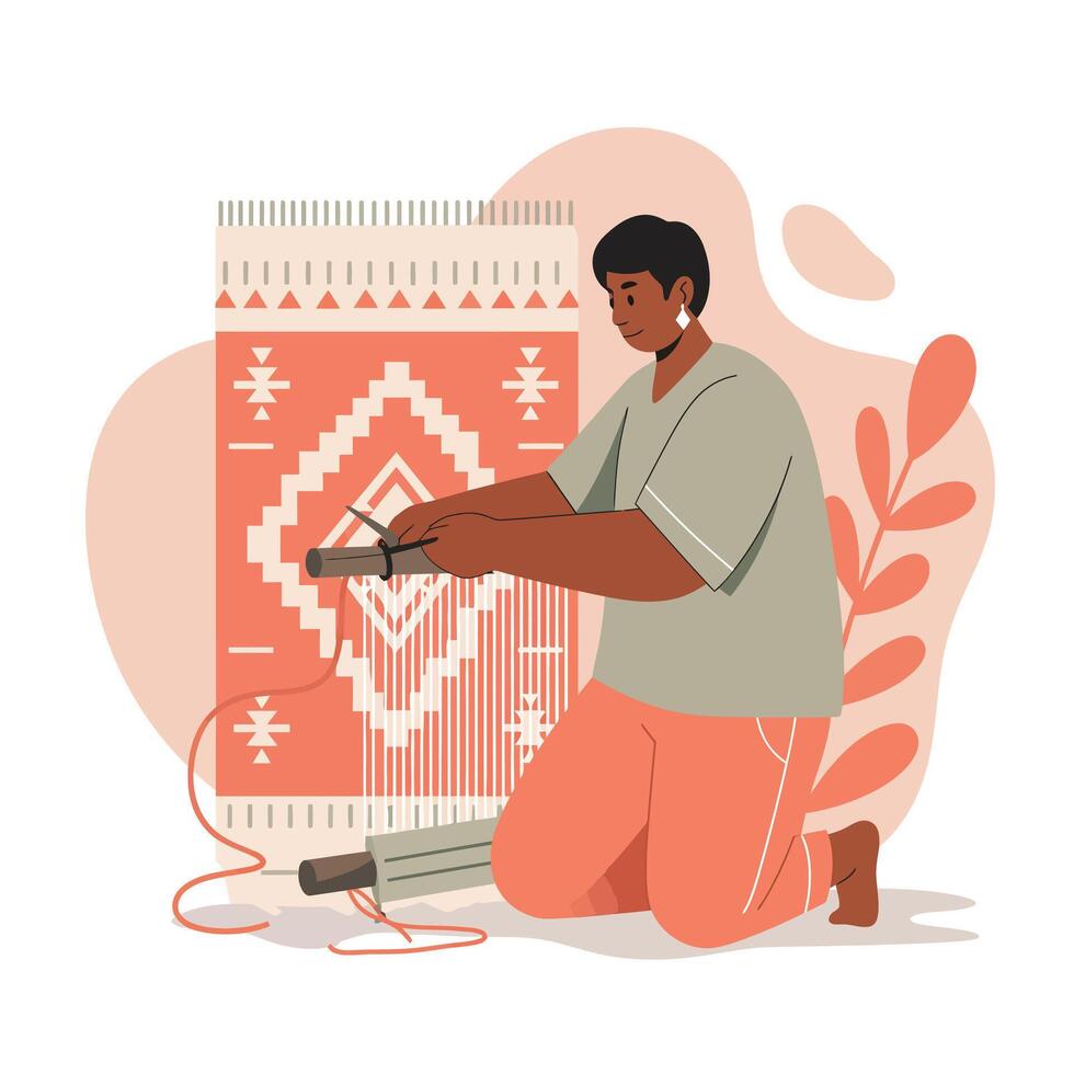 Man weaving traditional textile pattern on loom with ethnic design and warm color tones illustration vector