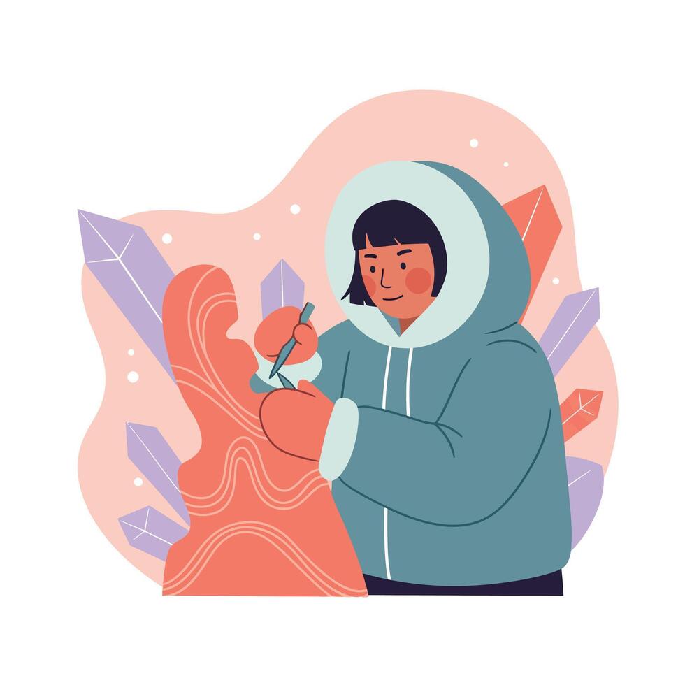 Woman sculptor carving clay statue in warm hoodie with colorful abstract background illustration vector