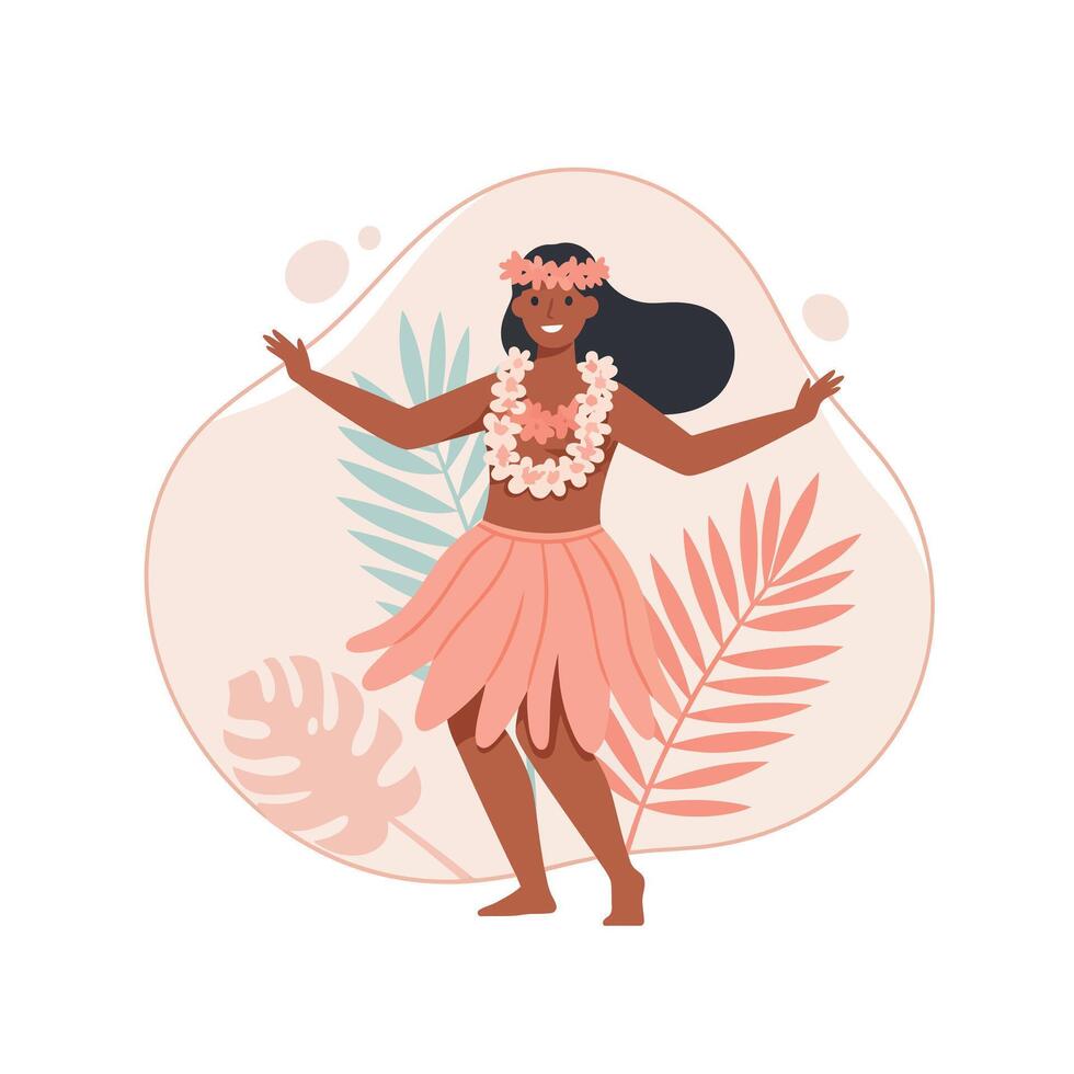 Hawaiian hula dancer woman performing traditional dance with tropical leaves background in soft pink and teal tones illustration vector