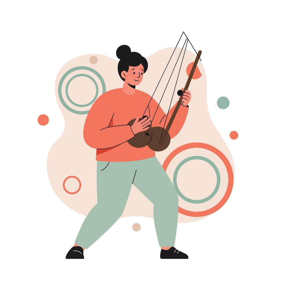 Woman playing traditional musical instrument kora with circular abstract background in modern flat style illustration vector