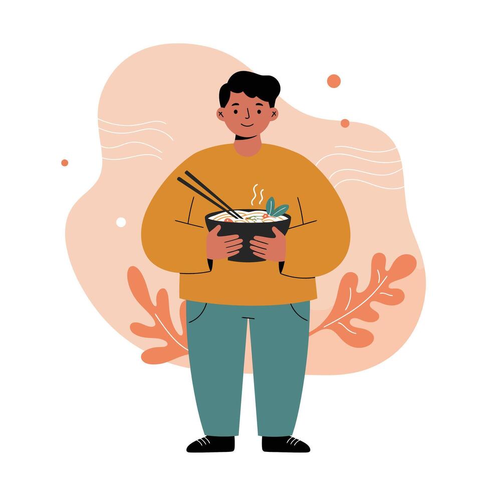 Young man holding bowl of hot noodles with chopsticks in casual outfit illustration vector