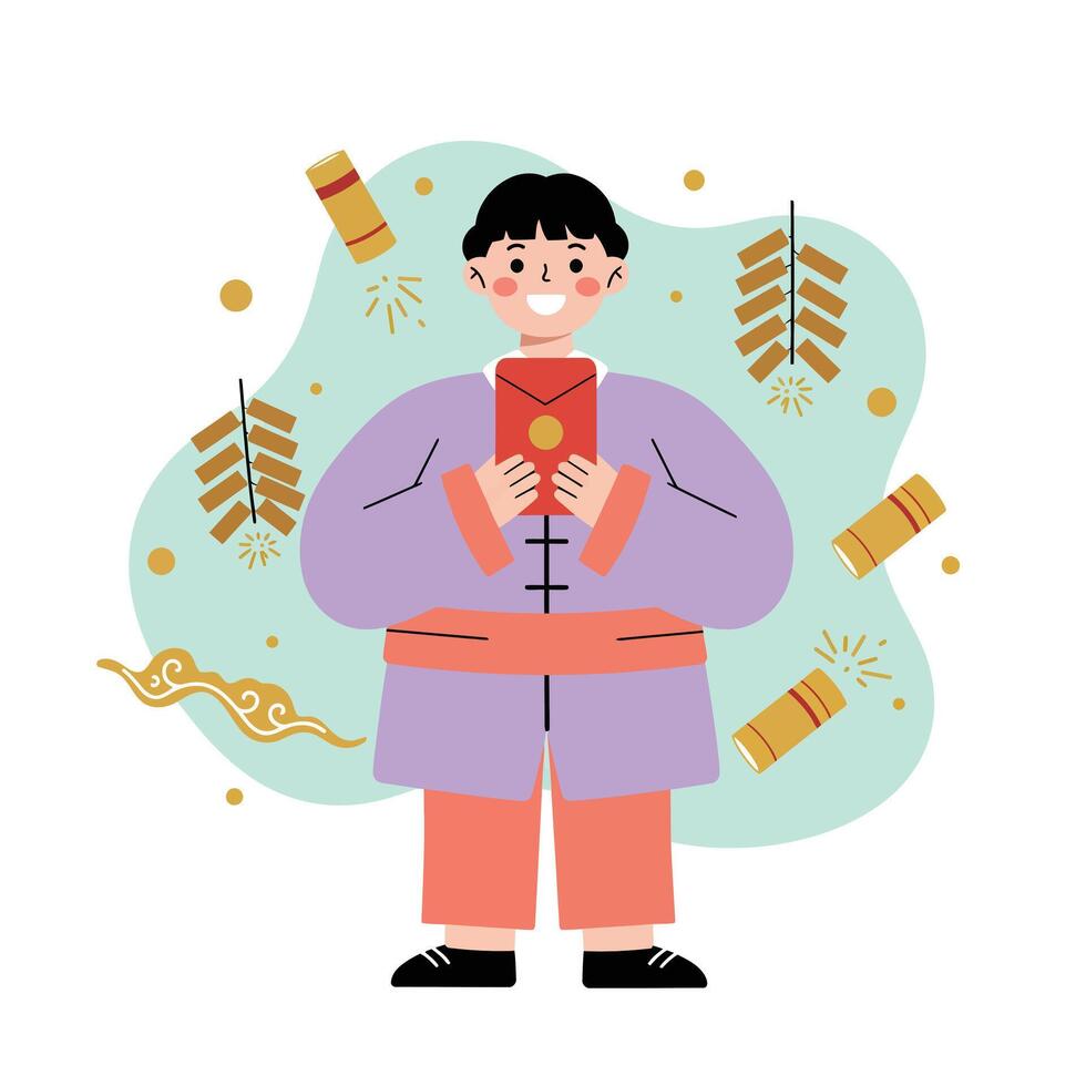 Boy holding red envelope celebrating Chinese New Year with firecrackers and festive decorations illustration vector