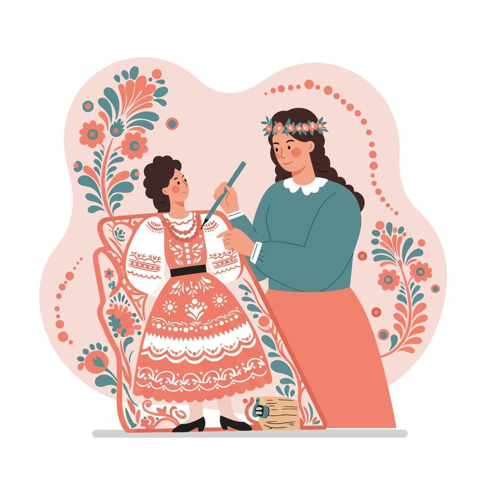 Woman dressing girl in traditional folk costume with floral embroidery and handwoven details illustration vector