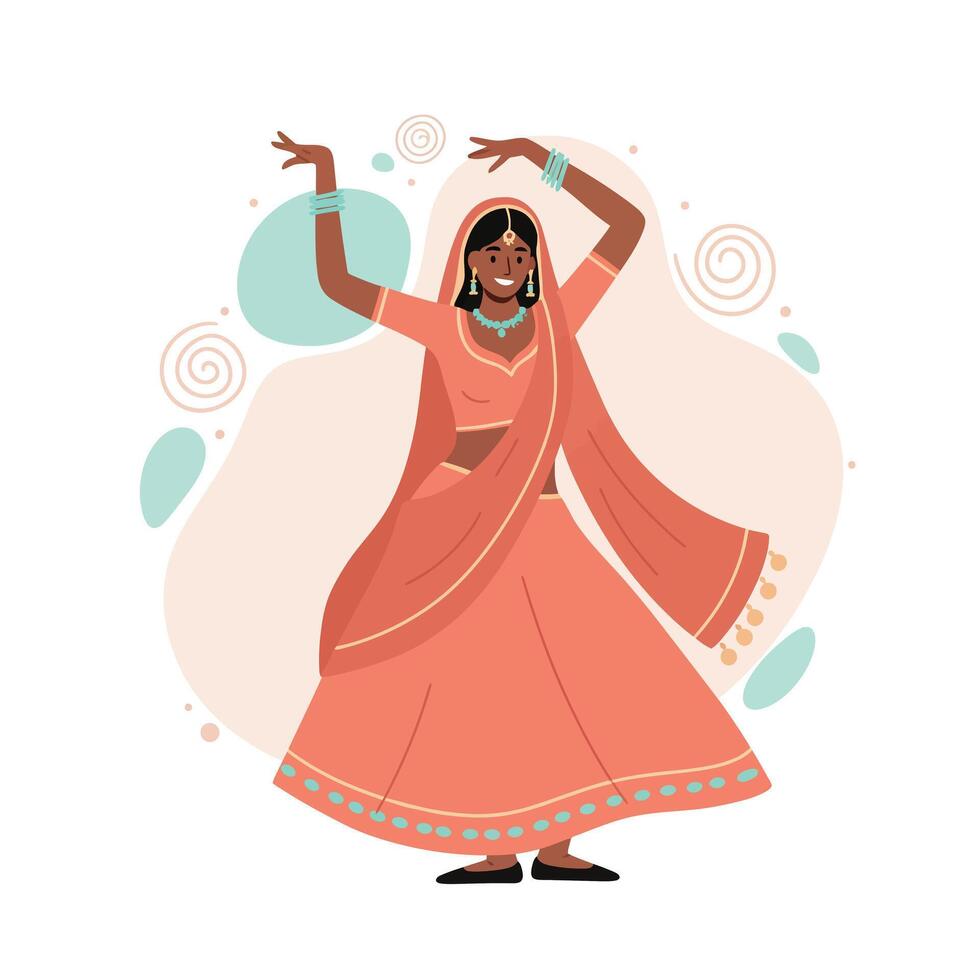 Indian woman traditional clothing dancing graceful cultural attire illustration design vector