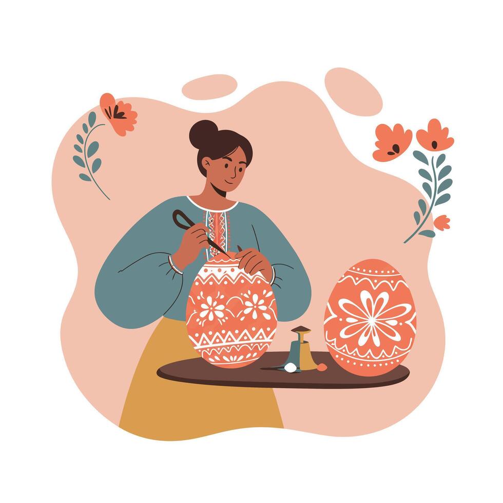 Woman painting decorative Easter eggs with floral patterns for spring celebration illustration vector