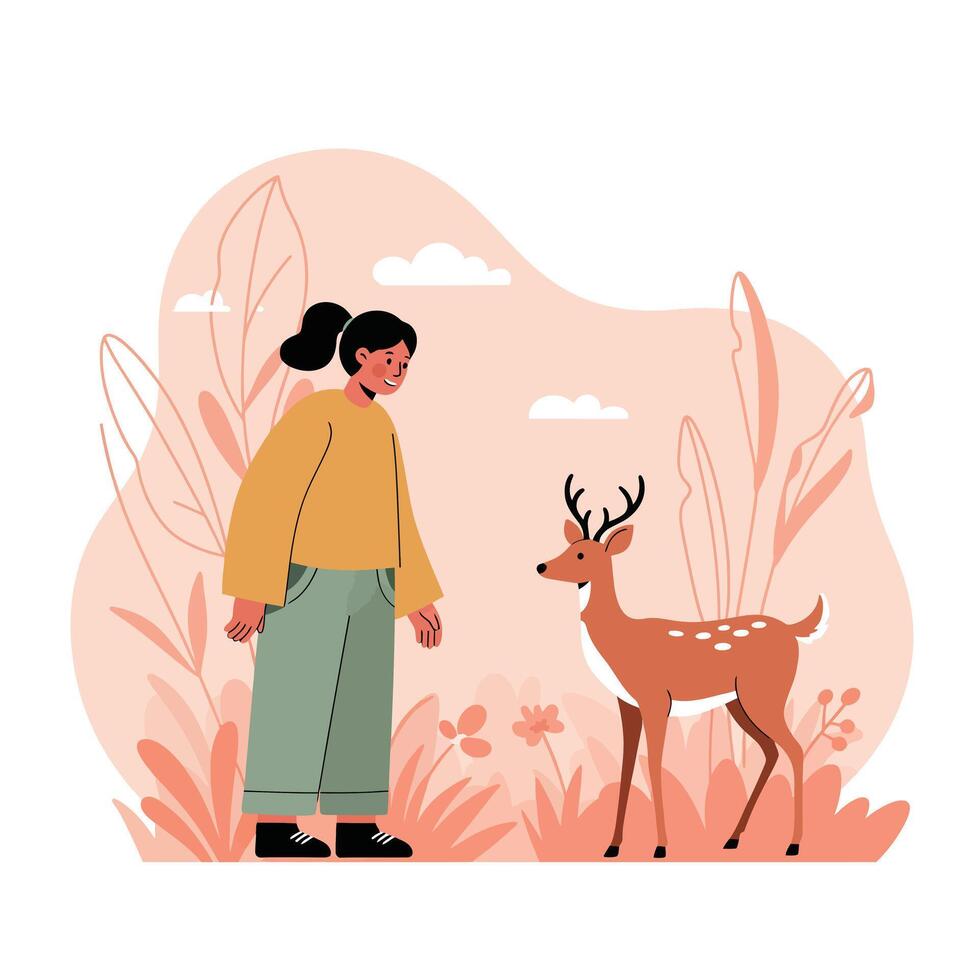 Woman interacting with young deer in serene natural setting with soft pastel tones and gentle foliage background vector