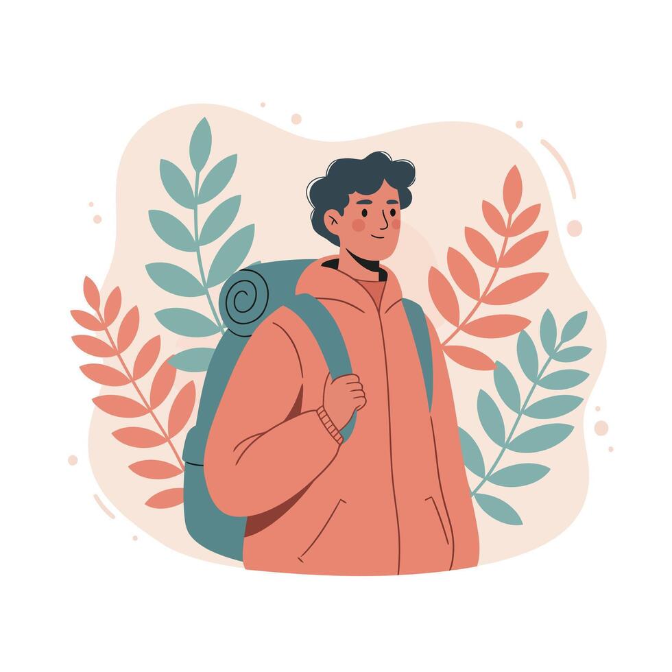 Young hiker with backpack enjoying nature surrounded by colorful leaves in autumn outdoor adventure scene vector