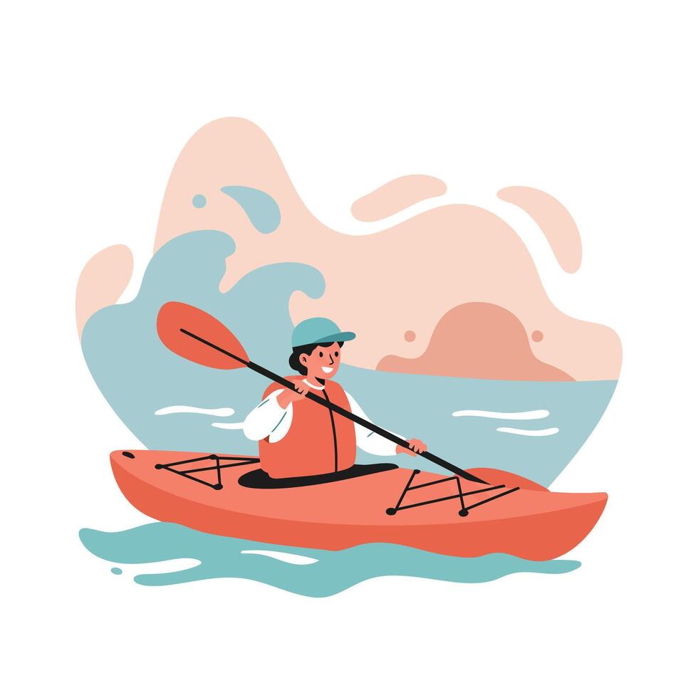Kayaking activity with man paddling orange kayak on calm water during sunset illustration vector