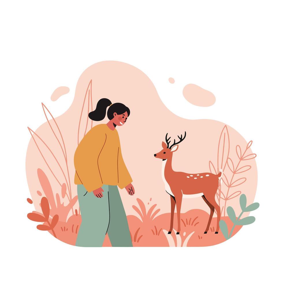 Woman interacting with deer in autumn nature scene with orange and green tones illustration vector