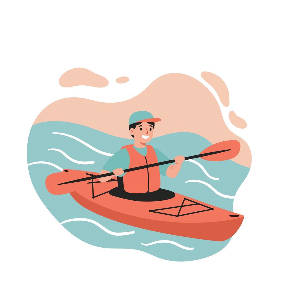Kayaking man paddling orange kayak on blue water with beige background illustration vector