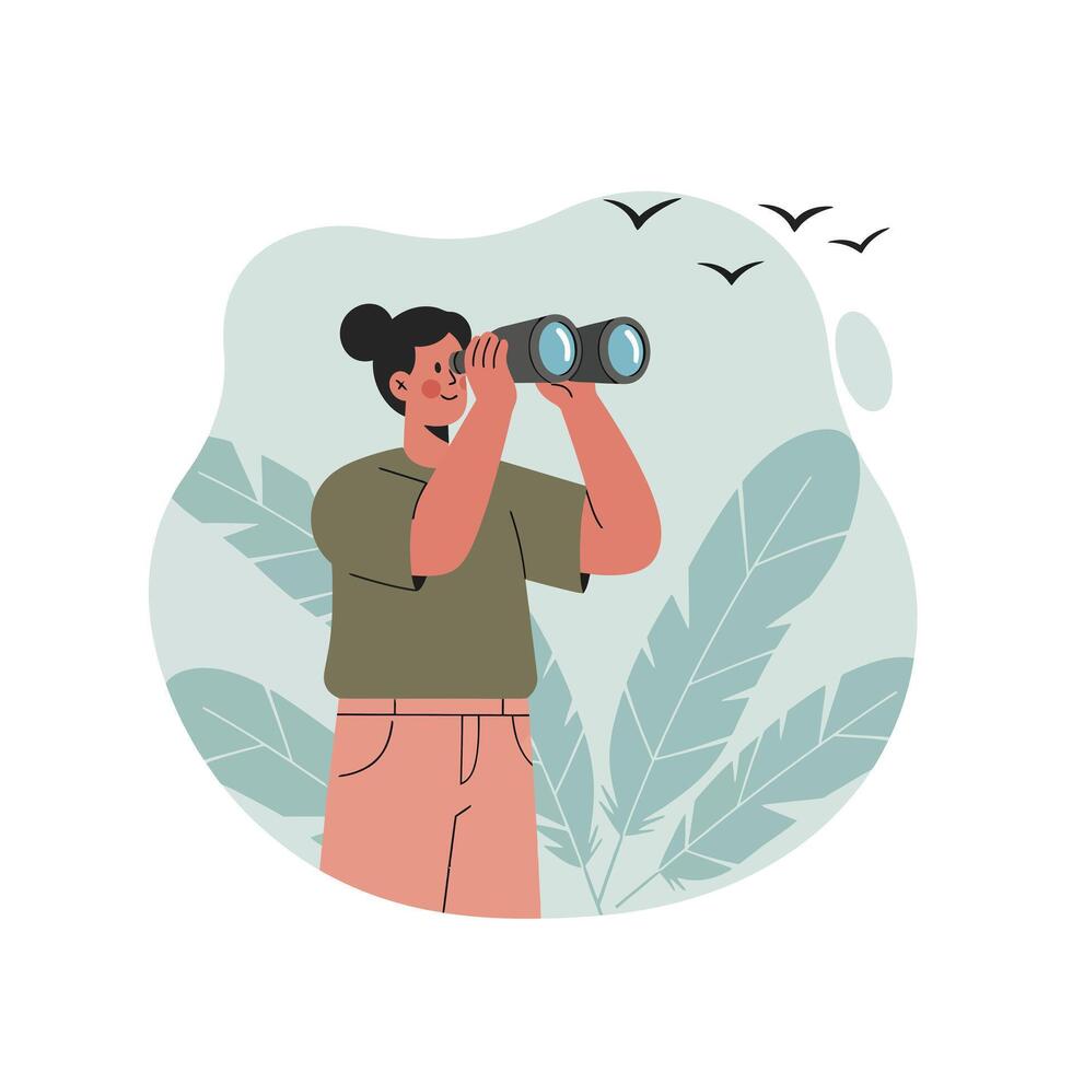 Person looking through binoculars enjoying nature observation with large leaves and birds flying around outdoors illustration vector