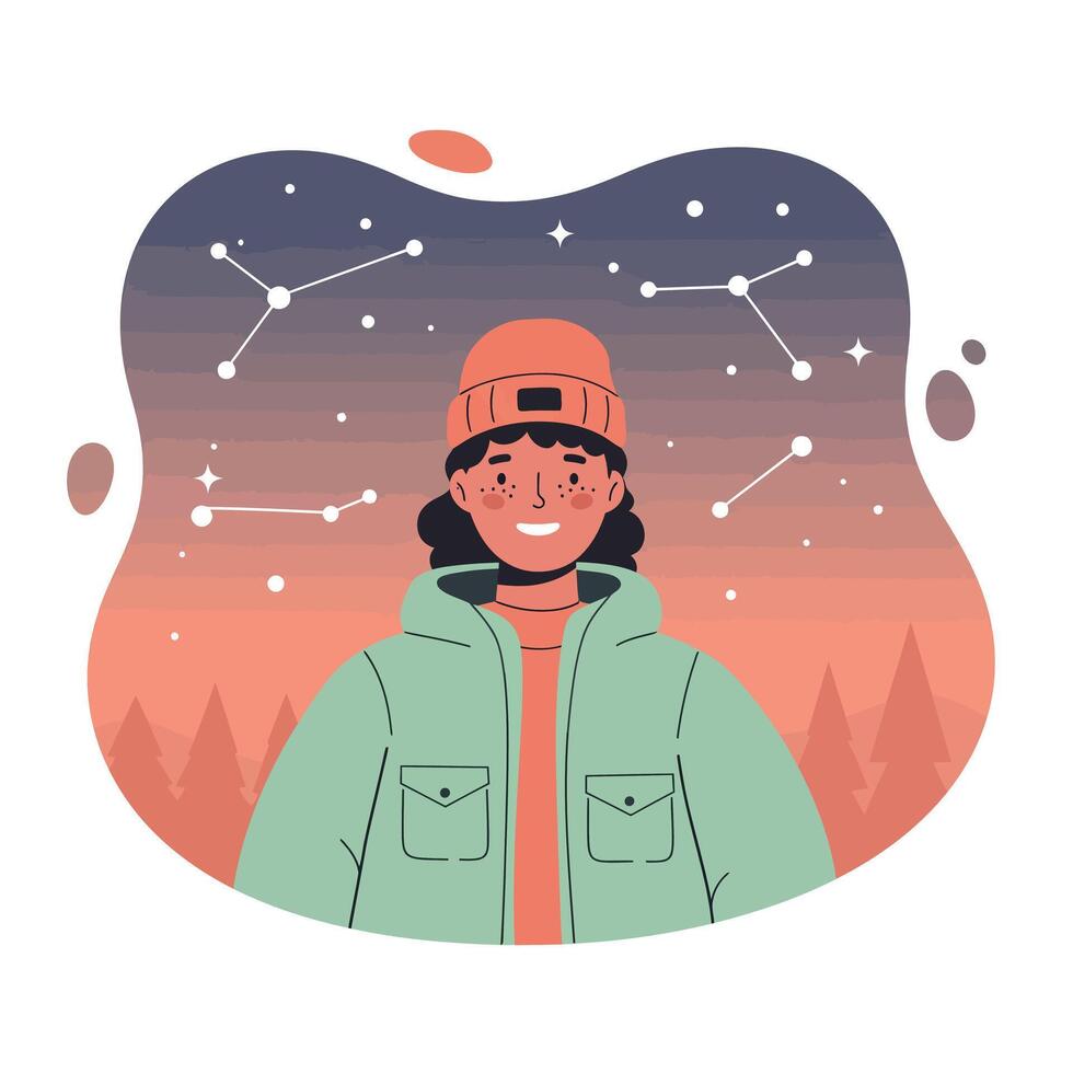 Young person wearing beanie and jacket with zodiac constellation background in evening sky illustration vector