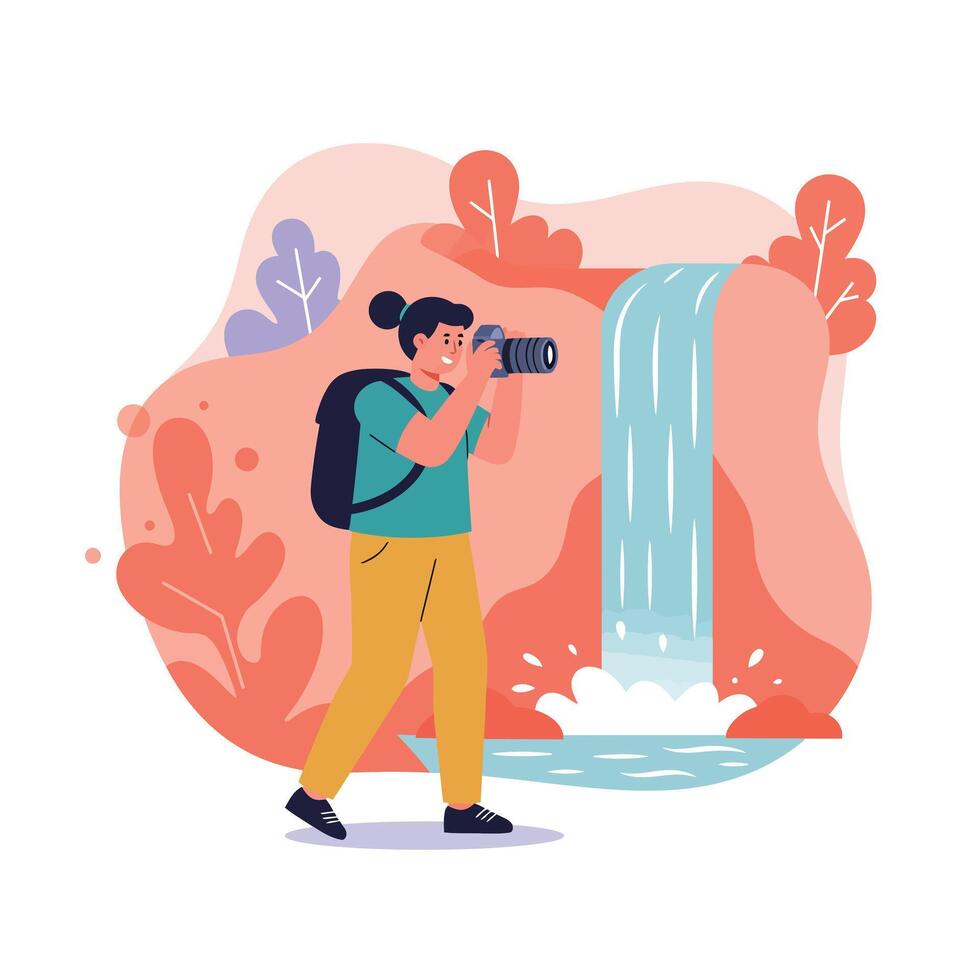 Photographer capturing waterfall nature scene with orange and purple plants and backpack illustration vector