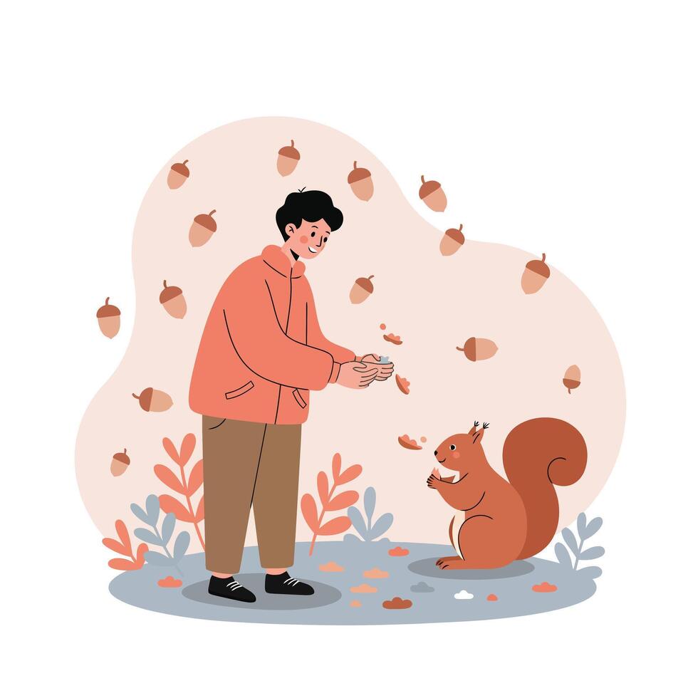 Boy feeding squirrel with acorns in autumn park surrounded by fall leaves and plants illustration vector