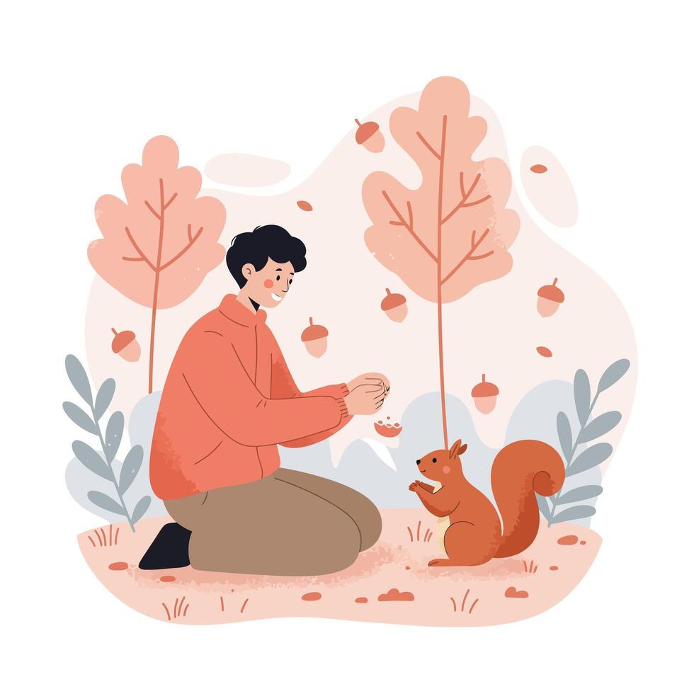 Person Feeding Squirrel in Autumn Park with Orange Trees and Falling Leaves Illustration vector
