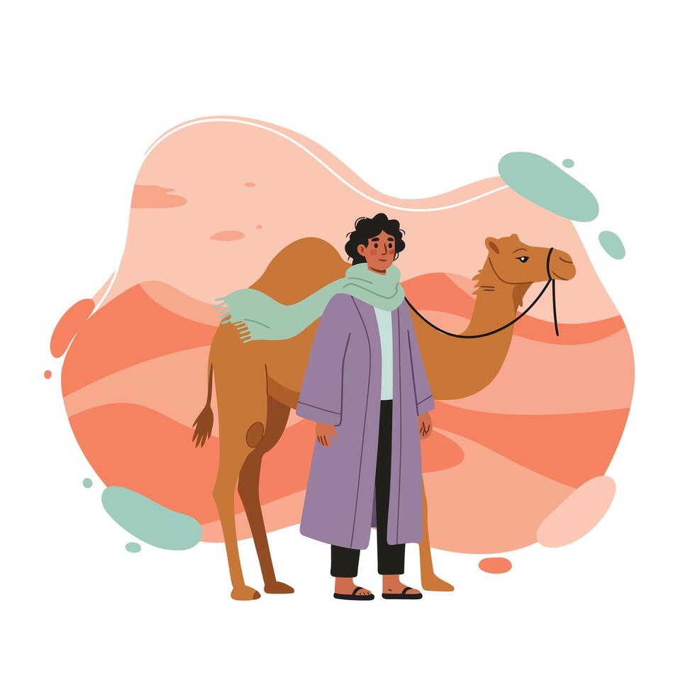 Person standing with camel in desert landscape illustration with warm tones and modern style artwork vector