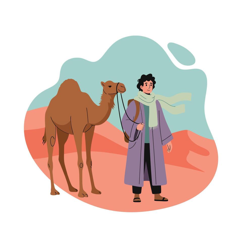 Man with camel standing in desert landscape with sand dunes and blue sky illustration vector
