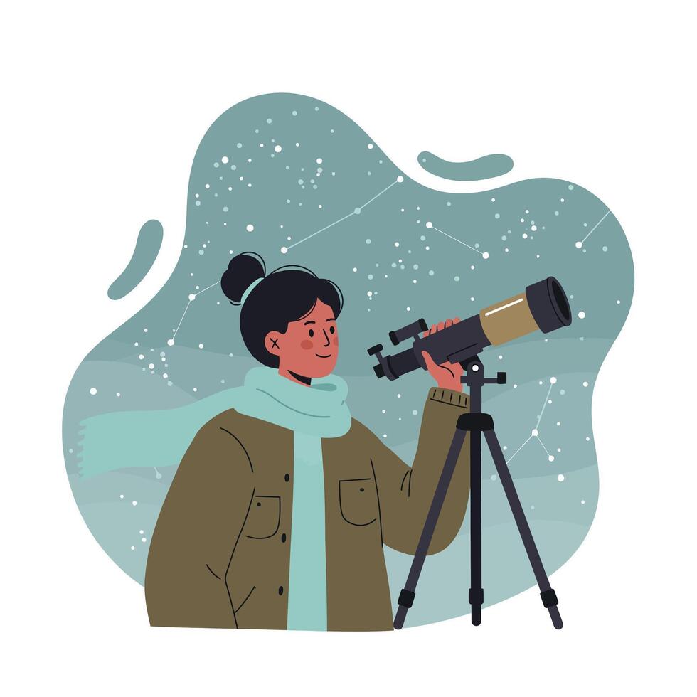 Woman observing stars through telescope under constellation sky illustration vector