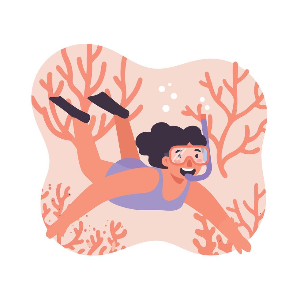 Woman snorkeling underwater exploring coral reef with mask and fins illustration vector