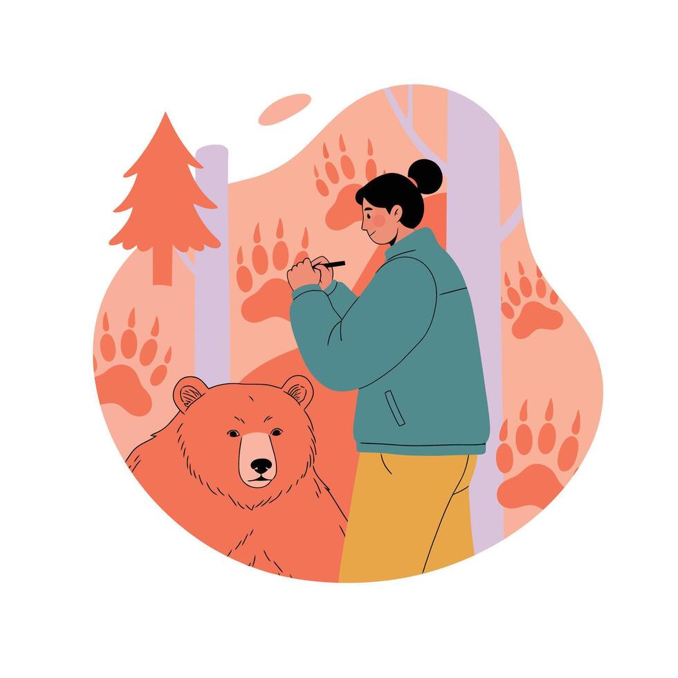 Woman painting bear paw prints in forest with orange trees and green jacket illustration vector