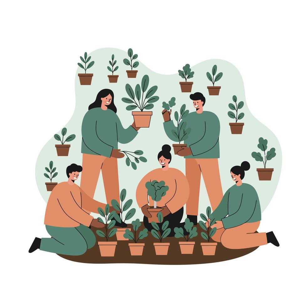 Group of people planting green potted plants together in community gardening activity for urban environment improvement vector