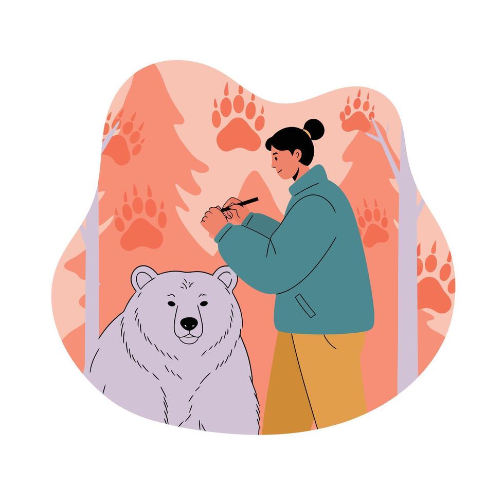 Woman painting bear in forest background with bear paw prints and trees nature wildlife art scene illustration vector