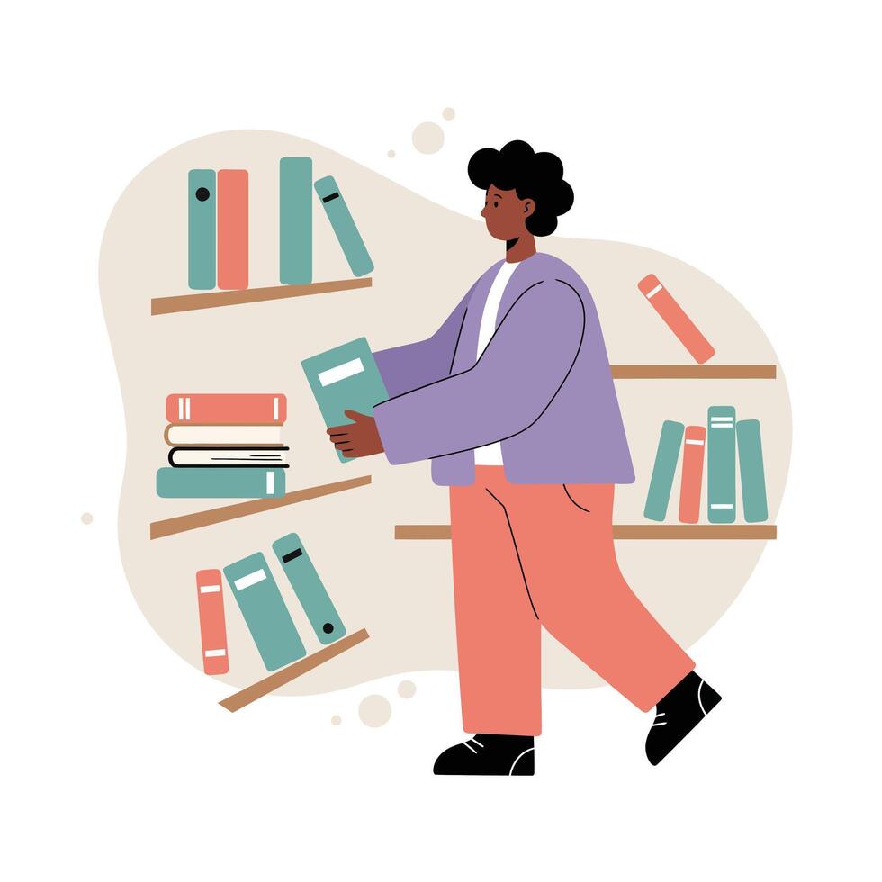 Person organizing books on floating shelves in casual outfit with purple and coral tones vector
