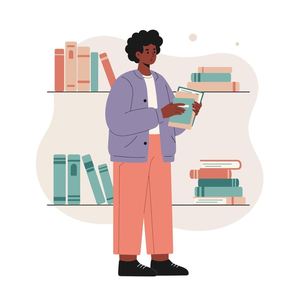 Young person browsing books in library with pastel shelves and casual outfit reading activity knowledge exploration vector