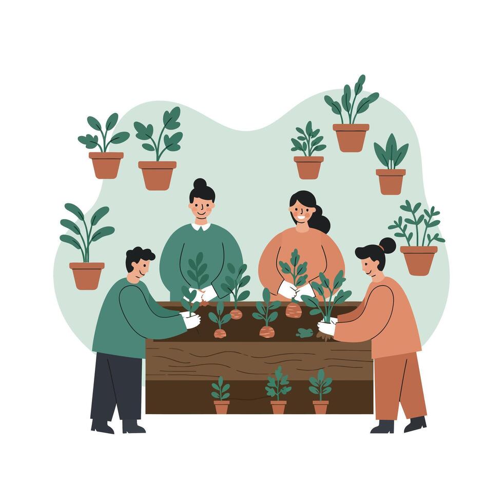 Group of people planting and caring for green plants in pots and raised garden bed indoors with green background vector