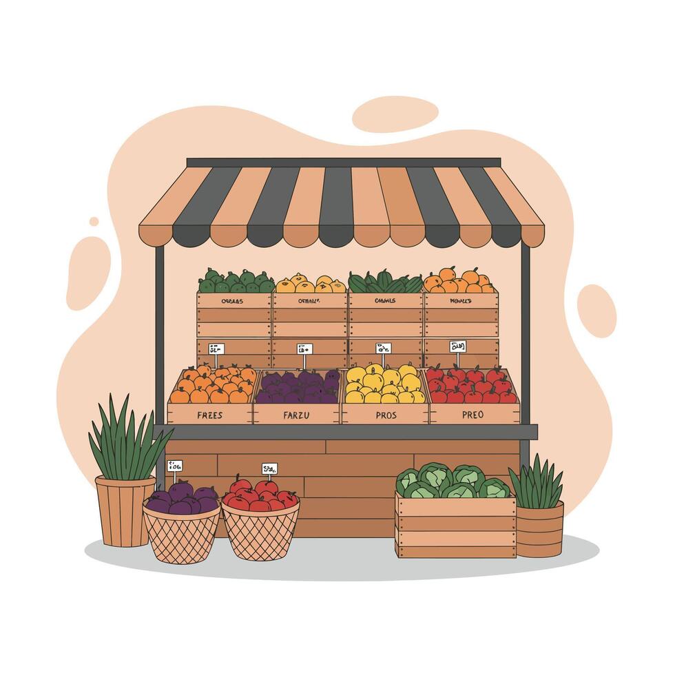 Fruit and vegetable market stall with wooden crates and striped canopy in simple flat design vector