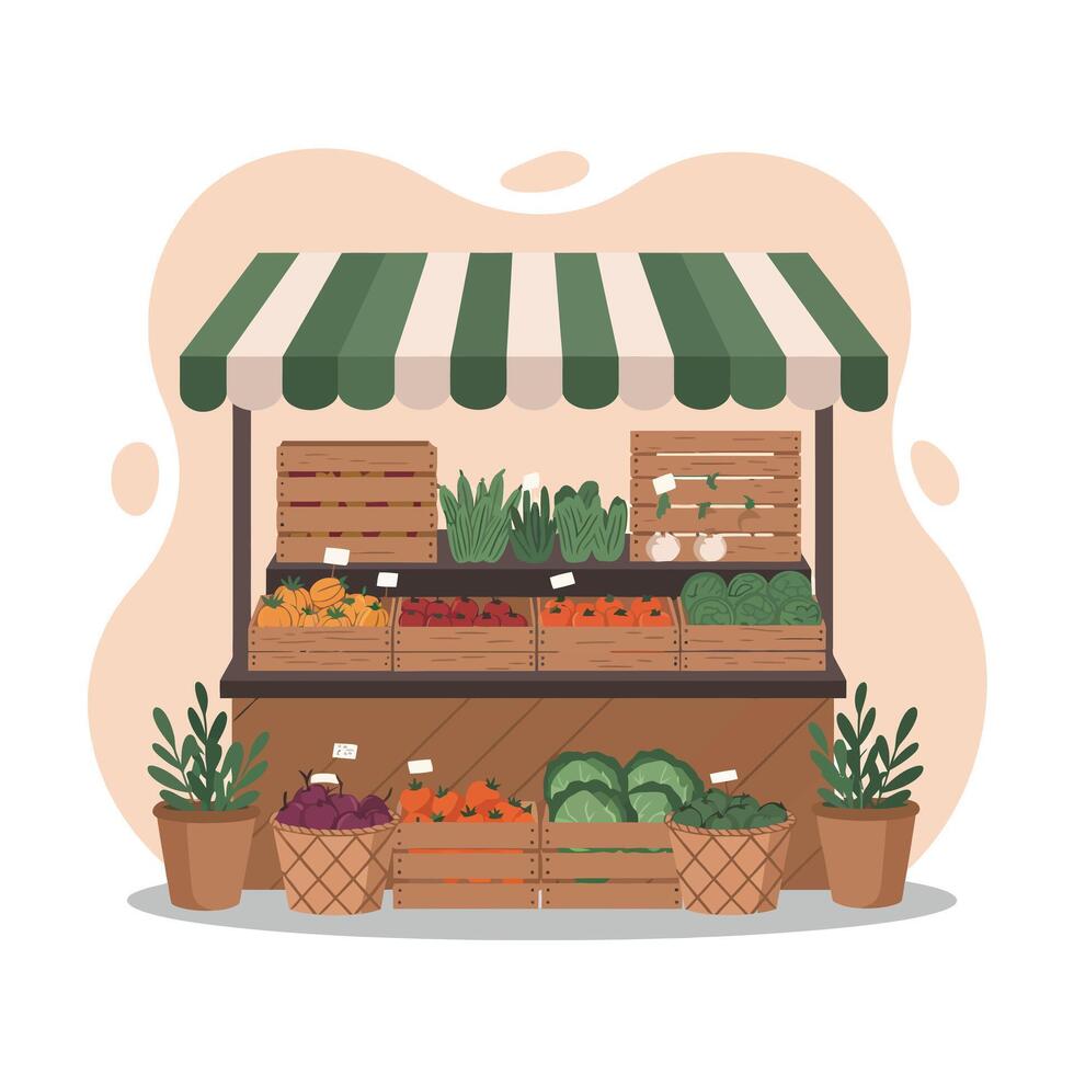 Vegetable Market Stall with Green and White Awning Displaying Fresh Produce and Potted Plants in Rustic Style vector
