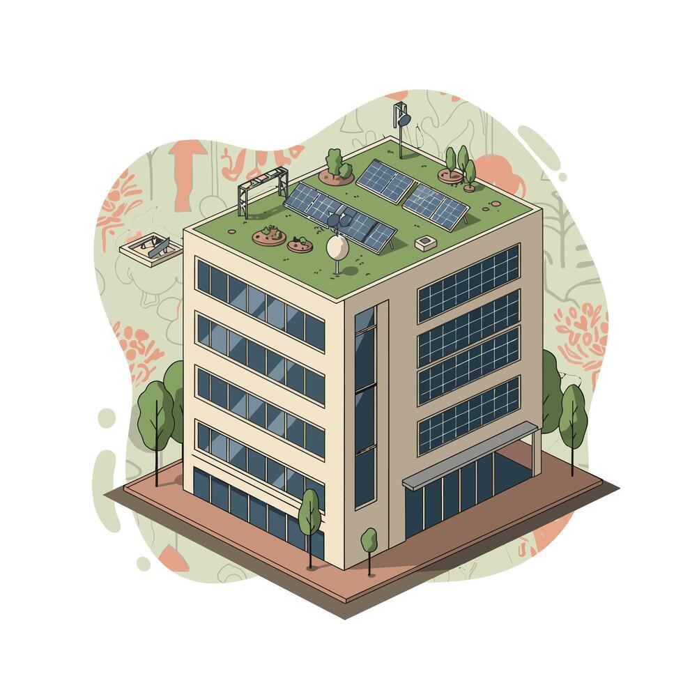 Modern sustainable office building with rooftop garden and solar panels in urban environment for eco-friendly design vector