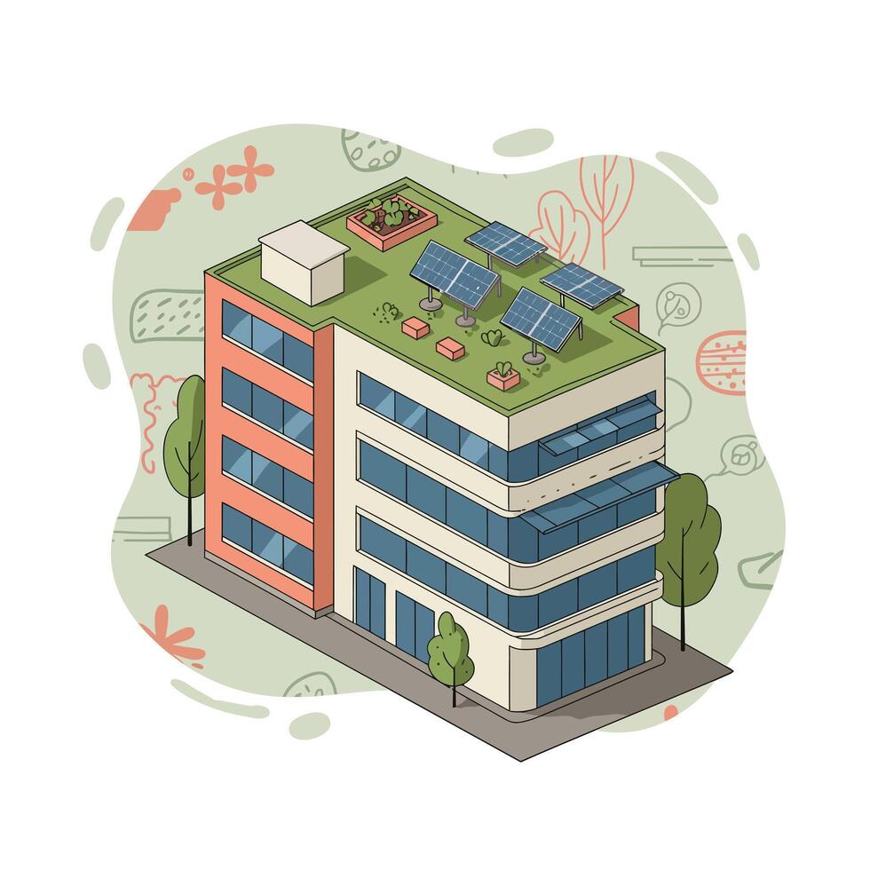 Modern building with solar panels and rooftop garden in urban environment sustainable energy concept vector
