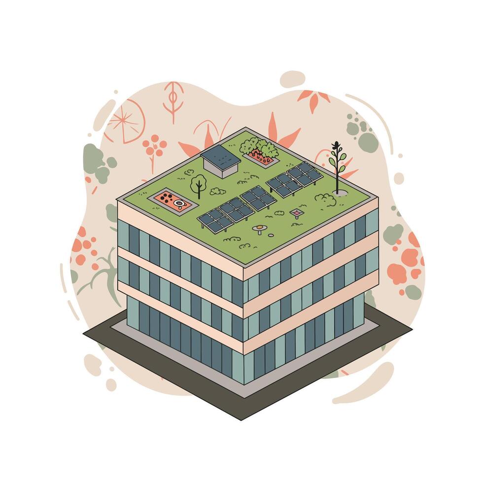 Sustainable rooftop garden design on modern office building with solar panels and green plants illustration vector